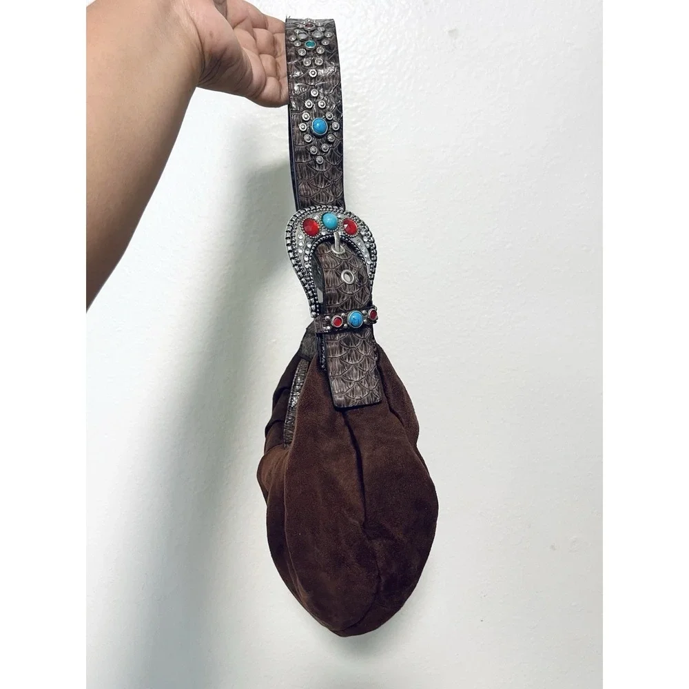 Western Brown Suede Hobo Purse Turquoise Concho Cowgirl Boho Shoulder Bag Y2K